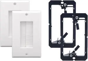 VCELINK Brush Wall Plate with Bracket, Cable Pass Through Insert with UL Listed Single Gang Decorator Wall Cover for Low Voltage Cables, Cord Hider for Wall Mount TV, Home Theater System, White 2-Pack