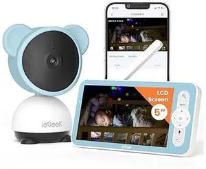 ieGeek 5" LCD Screen, 1080p Baby Monitor, Blue With Night Vision and Mobile App Control, Pan Tilt, 3000mAh Battery, Auto Tracking, Cry and Motion Detection, Feeding Reminder, Two-Way Audio, Baby Gift