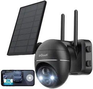 ieGeek Security Camera Outdoor, 2K Wireless WiFi 360°PTZ Camera, Solar Battery Powered Surveillance Camera with Spotlight/Siren/Motion Detection/3MP Color Night Vision,Compatible with Alexa