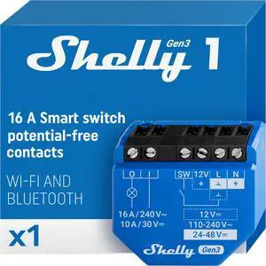 Shelly 1 Gen3 | WiFi & Bluetooth Smart Relay Switch with Dry Contacts | 1-Channel 16A | Compatible with Google Home, Alexa & SmartThings | No Hub required | Home Automation