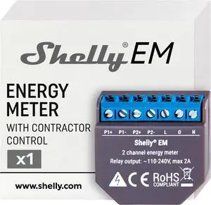 Shelly EM + 120A Clamp | Wi-Fi-Operated Smart Energy Meter and Contactor Control Relay Switch | Home Automation | Works with Alexa & Google Home | iOS Android App | No Hub Required | Power Monitoring