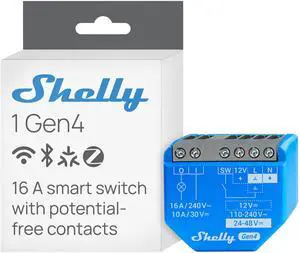 Shelly 1 Gen4 | WiFi, Bluetooth & Zigbee Smart Relay Switch with Dry Contacts | 1-Channel 16A | Compatible with Google Home, Alexa & SmartThings | No Hub required | Home Automation