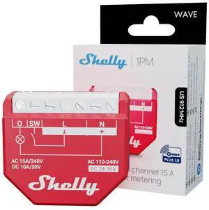 Shelly Wave 1PM US LR UL | Z-Wave Long Range Smart Switch Relay, 1-Channel 15A with Power Metering | Compatible with iOS & Android App | Home Automation