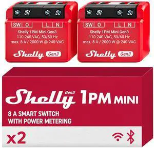 Shelly 1PM Mini Gen3 2-pack| Wi-Fi & Bluetooth Smart Relay Switch | 1 channel 8A | power metering | Compatible with Alexa & Google Home | Home Automation 2-pack
