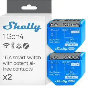 Shelly 1 Gen4 | WiFi, Bluetooth & Zigbee Smart Relay Switch with Dry Contacts | 1-Channel 16A | Compatible with Google Home, Alexa & SmartThings | No Hub required | Home Automation 2 pack