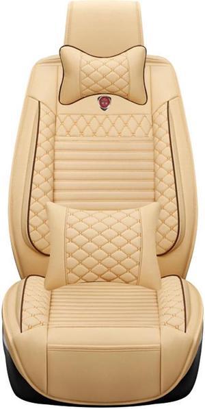 Comfortable Car Seat Cover, 5 Front And Rear Seats, All-weather Car Seat Cover, PU Leather Car Cushion With Waist Support And Headrest, Beige Yellow