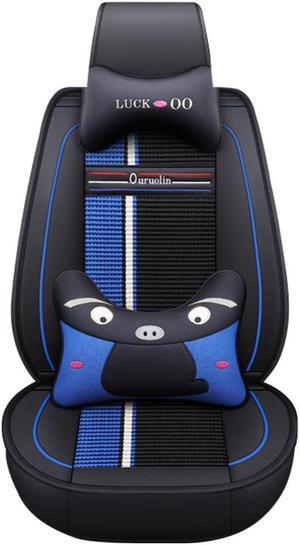 Car Cartoon Seat Covers 5 Seats Front And Rear Seat, PU Leather Cushions, With Lumbar Support And Headrest, Black Red Blue/Black