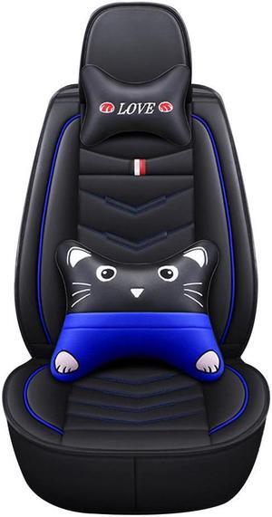 Comfortable Cartoon Car Seat Cover, 5 Front And Rear Seats, All-weather Car Seat Cover, PU Leather Car Cushion With Waist Support And Headrest, Black Blue