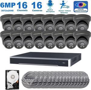 CTVISION 16 Channel 6MP Security Camera System, 16pcs 6MP Smart AI Person/Vehicle Detection Wired Outdoor One Way Audio PoE IP Cameras,16CH 4TB HDD 4K 8MP Hik-Connect NVR