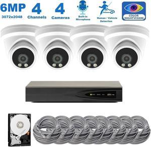 4 Channel 6MP Security Camera System, 4pcs 6MP Smart AI Person/Vehicle Detection Wired Outdoor One Way Audio PoE IP Cameras,4CH 1TB HDD 4K 8MP Hik-Connect NVR