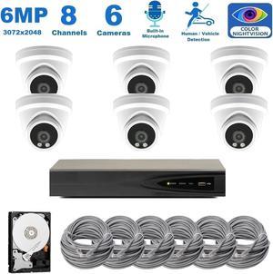 8 Channel 6MP Security Camera System, 6pcs 6MP Smart AI Person/Vehicle Detection Wired Outdoor One Way Audio PoE IP Cameras,8CH 2TB HDD 4K 8MP Hik-Connect NVR