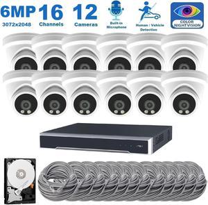 16 Channel 6MP Security Camera System, 12pcs 6MP Smart AI Person/Vehicle Detection Wired Outdoor One Way Audio PoE IP Cameras,16CH 4TB HDD 4K 8MP Hik-Connect NVR