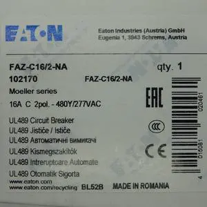 Eaton Cutler Hammer 16A 2-Pole Miniature Circuit Breaker FAZ-C16/2-NA