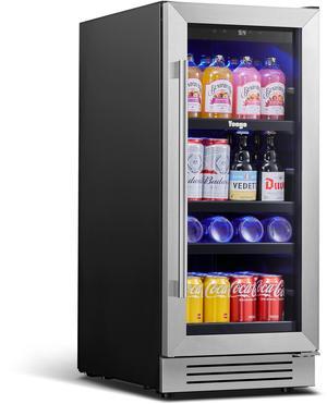 Yeego 15 Inch Beverage Refrigerator - 80 Can Capacity with Blue LED Light, Single Zone Glass Door, Built-in or Freestanding for Home/Kitchen/Bar (3 cu.ft)