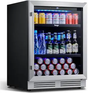 Yeego 24 Inch Beverage Refrigerator - 140 Can Capacity with Blue LED Light, Single Zone Glass Door, Built-in or Freestanding for Home/Kitchen/Bar (5.12 cu.ft)