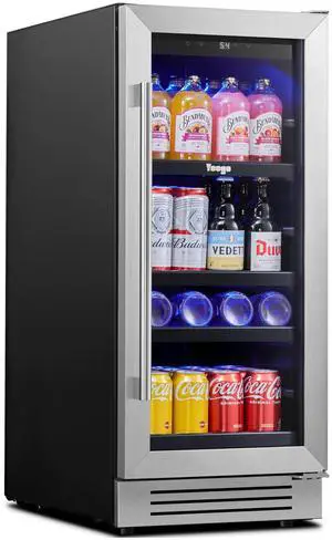 Yeego 85L Wine Cooler & Energy-Efficient Beverage Fridge with Blue LED Lighting  80-Can Storage, Quiet Operation, Auto Defrost  Stainless Steel Design for Kitchen, Bar, and Entertainment Areas