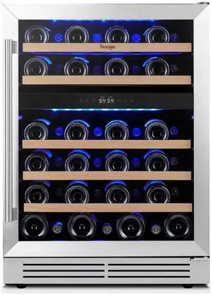 Yeego Energy-Efficient 24" Wine Fridge - R600a Compressor & Beechwood Shelves Blue LED Lighting + Auto Defrost | 47-Bottle Dual-Temp Cooler for Kitchen/Entertainment