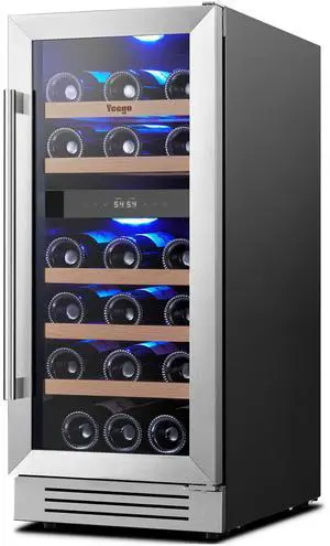 Yeego Energy-Efficient Wine Fridge - R600a Compressor & Beechwood Shelves Auto Defrost + Blue LED Lighting | 85L Freestanding Cooler for Kitchen/Entertainment