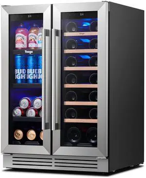 Yeego 24 Inch Wine and Beverage Refrigerator Cooler, Dual Zone 36-72°F Precise Temperature Control, 20 Bottles and 60 Cans Wine Fridge with Adjustable Shelves & Glass French Door for Home Bar Kitchen Yeego 24 Inch Wine and Beverage Refrigerator Cooler, Dual Zone 36-72°F Precise Temperature Control, 20 Bottles and 60 Cans Wine Fridge with Adjustable Shelves & Glass French Door for Home Bar Kitchen