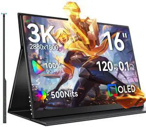 EVICIV 16" OLED Portable Monitor, 3K 2880x1800, 120Hz, 0.1ms, 500 Nits, 100% DCI-P3, 100000:1 Contrast, Ultra-Slim for Gaming, Work, and Travel
