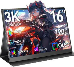 EVICIV OLED Portable Monitor 16", 3K 2880x1800 120Hz 0.1ms Portable Gaming Display 500 Nits Brightness| 100000:1 Contrast| 100% DCI-P3| Ultra-Slim Travel Monitor for Laptop PC Phone Game Consoles
