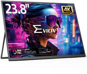 EVICIV 23.8" 4K UHD Portable QLED Monitor, 400 Nits, 100% DCI-P3, 1ms FreeSync, USB-C Hub with Power Delivery, HDMI, VESA Mount, Kickstand for Laptop, PC, MacBook, PS5, Xbox, Mobile Gaming