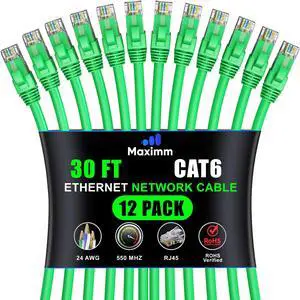 Maximm Cat 6 Ethernet Cable - 30 ft (12-Pack), High-Speed LAN, Internet, Patch, and Network Cable - UTP, 10Gbps, 550MHz - Green