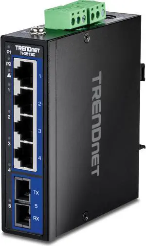 TRENDnet 5-Port Hardened Industrial Gigabit DIN-Rail Switch, TI-G51SC, 1 x Multi-Mode SC Port, 4 x Gigabit Ports, 10Gbps, IP30 Rated, Lifetime Protection, Black