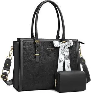 MOSISO Laptop Bag for Women, 15.6-16 inch PU Leather Tote Bag Compatible with MacBook, HP, Dell, Asus Notebook, Front Embossed Retro Hibiscus Computer Bags with Silk Scarf&Clutch Purse, Black