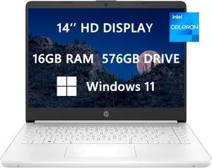 HP 14 HD Laptop, 2023 Newest Upgrade, Intel Intel Celeron N4120(4-core), 16GB RAM, 576GB(64GB SSD+512GB Card), Webcam, Bluetooth, USB-C, White, Windows 11, School and Business Ready, ROKC HDMI Cable
