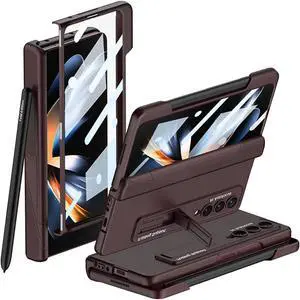 Miimall Compatible for Samsung Z Fold 4 Case with Pen Holder on The Edge+Hinged Magnetic+Built-in Tempered Glass Screen Protector+Folding Kickstand Cover Cases for Samsung Galaxy Z Fold 4 Red