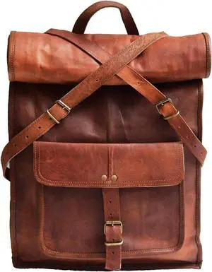 jaald 23" Brown Leather Backpack Vintage Rucksack Laptop Bag Water Resistant Roll Top College Bookbag Comfortable Lightweight Travel Hiking/picnic For Men
