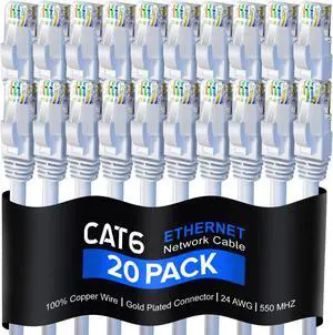 Maximm Cat 6 Ethernet Cable 3 Ft, 100% Pure Copper, Cat6 Cable (20 Pack) LAN Cable, Internet Cable, Patch Cable and Network Cable - UTP (White) 3 Feet
