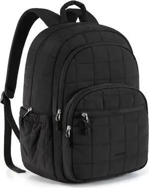 BAGSMART College Laptop Backpack, Travel Laptop Backpack for Women, Quilted Casual Daypack, Water-Resistant Bookbag for 15.6 Inch Laptop, Black