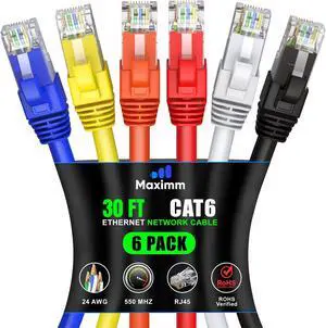 Maximm Cat 6 Ethernet Cable 30 ft (6-Pack) - High-Speed LAN Cable, Internet Cable, Patch Cable, and Network Cable - UTP, 10Gbps, 550MHz Ethernet Cord - Multicolor