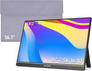 ARZOPA 16" 2.5K Portable Monitor, 2560x1600 QHD 123% sRGB IPS Display and 16.1 Portable Monitor Sleeve Case Bundle