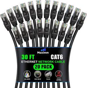 Maximm Cat 6 Ethernet Cable 30 ft (20-Pack) - High-Speed LAN Cable, Internet Cable, Patch Cable, and Network Cable - UTP, 10Gbps, 550MHz Ethernet Cord - Black