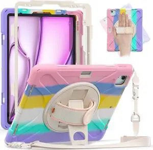 Batianda Case for iPad Air 13 inch 2025 2024 M3/M2 Chip Heavy Duty Rugged Durability Silicone Tablet Cover with 360° Rotating Hand Strap Foldable Hidden Stand & Shoulder Strap, Colorful Pink
