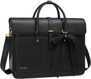 MOSISO Laptop Bag for Women, 13-14 inch PU Leather Laptop Shoulder Bags Convertible Backpack, 13.3 inch Messenger Bags Casual Handbag Work Briefcase Travel Computer Bag with Bowknot, Black