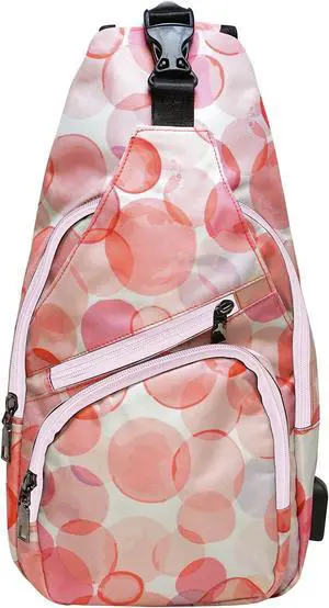 Nupouch Anti-Theft Daypack Crossbody Sling Backpack, USB Charging Connector Port, Lightweight Day Pack for Travel, Hiking, Everyday, Large, Pink Bubbles