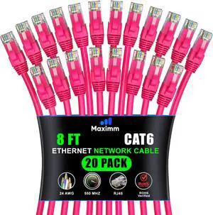 Maximm Cat 6 Ethernet Cable 8 ft (20-Pack) - High-Speed LAN Cable, Internet Cable, Patch Cable, and Network Cable - UTP, 10Gbps, 550MHz Ethernet Cord - Pink