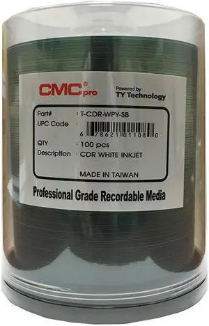 CMC Pro - Powered by TY Technology 80 Minute/700mb White inkjet CD-R in Cake Box - 100 Count