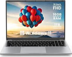 BIGASUO 16" Laptop Computer, 16GB DDR4 RAM 1TB SSD, Quad-Core N100 Processor Up to 3.4GHz, 1200P FHD IPS Display, Windows 11 Laptops with USB 3.0, Type-C, Mini-HDMI, 2.4/5G WiFi, RJ45, Sliver