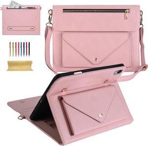 Dteck iPad 9th/8th/7th Generation 10.2 Inch Case 2021/2020/2019,Premium PU Leather Folio Stand Pockets Cover with Apple Pencil Holder Shoulder Hand Strap Full Protective Handbag Business Gift,Pink