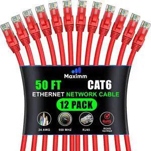 Maximm Cat 6 Ethernet Cable - 50 ft (12-Pack), High-Speed LAN, Internet, Patch, and Network Cable - UTP, 10Gbps, 550MHz Ethernet Cord - Red