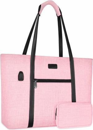 MOSISO USB Port Laptop Tote Bag for Women,Compatible with MacBook, 17-17.3 inch Notebook and Chromebook, Work Travel Business Computer Bag with Small Purse, Pink