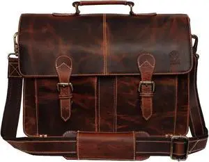 RUSTIC TOWN Handmade 16 inch Brown Leather Shoulder Briefcase Messenger Bag Men's 15.6-inch Laptop Satchel