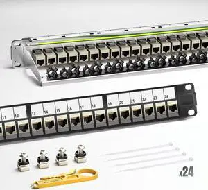 AMPCOM CAT7 Keystone Patch Panel 24-Port 1U with 10G Shielded Ethernet Inline Coupler - 19 Inch Rackmount &Wall Mount with Rear Support Bar