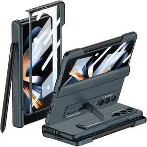 Miimall Compatible for Samsung Z Fold 4 Case with Pen Holder on The Edge+Hinged Magnetic+Built-in Tempered Glass Screen Cover+Folding Kickstand Bumper Case for Galaxy Z Fold 4 Green