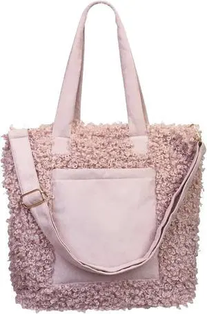 Sprigs Women's Cute Tote Bags - Casual Faux Fur Bag with Outside Pocket & Inside Laptop Sleeve - Laptop Tote Bag For Women (Tonal Blush Pink)